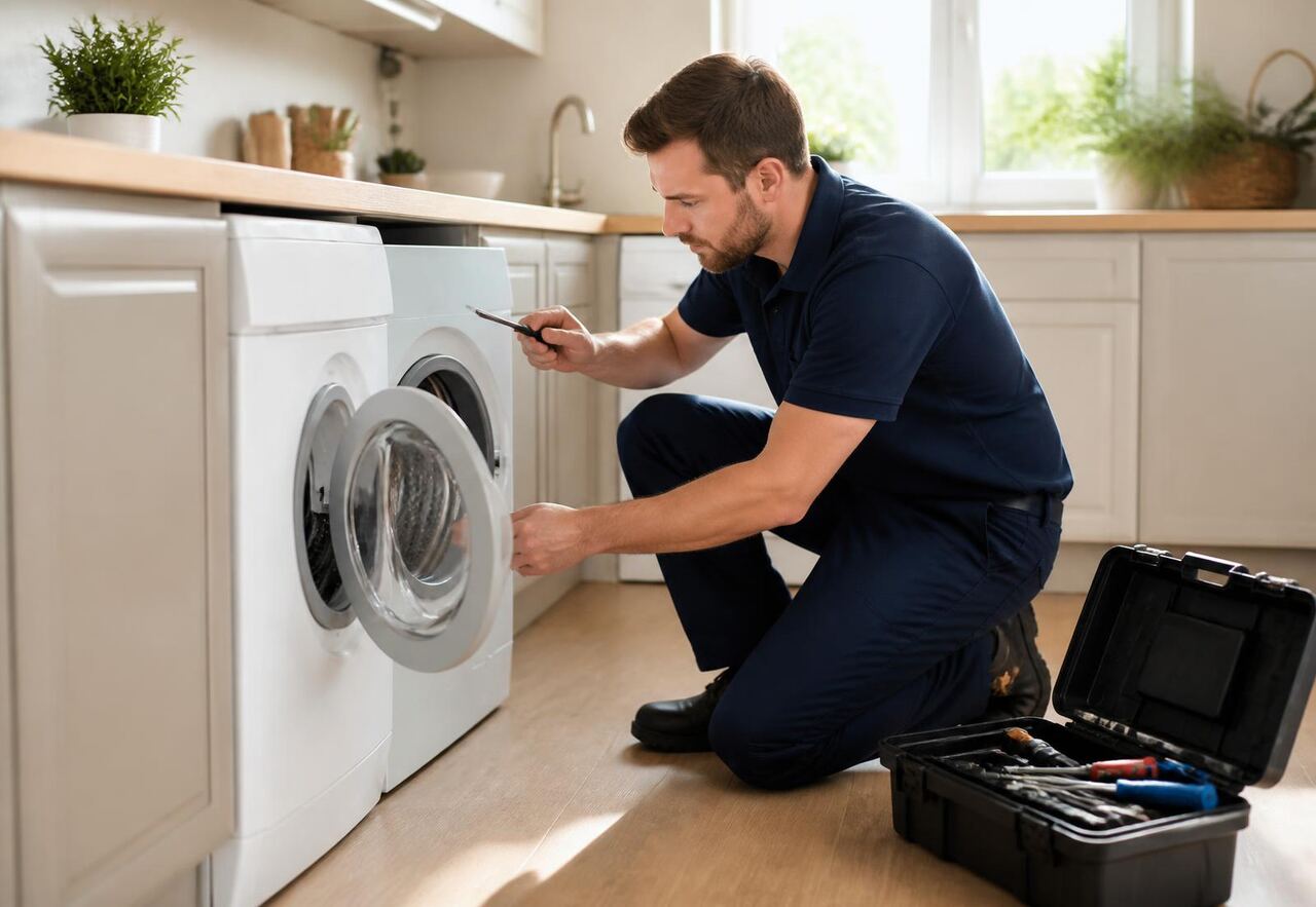 Mutfakta çamaşır makinesi onarımı yapan beyaz eşya teknik servis görevlisi